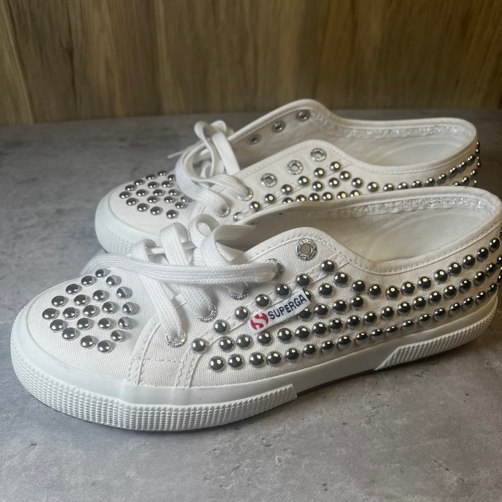 Superga  Womens  2750  Silver Studs   Sneakers  Low Top  Lace Up  White  Size 7